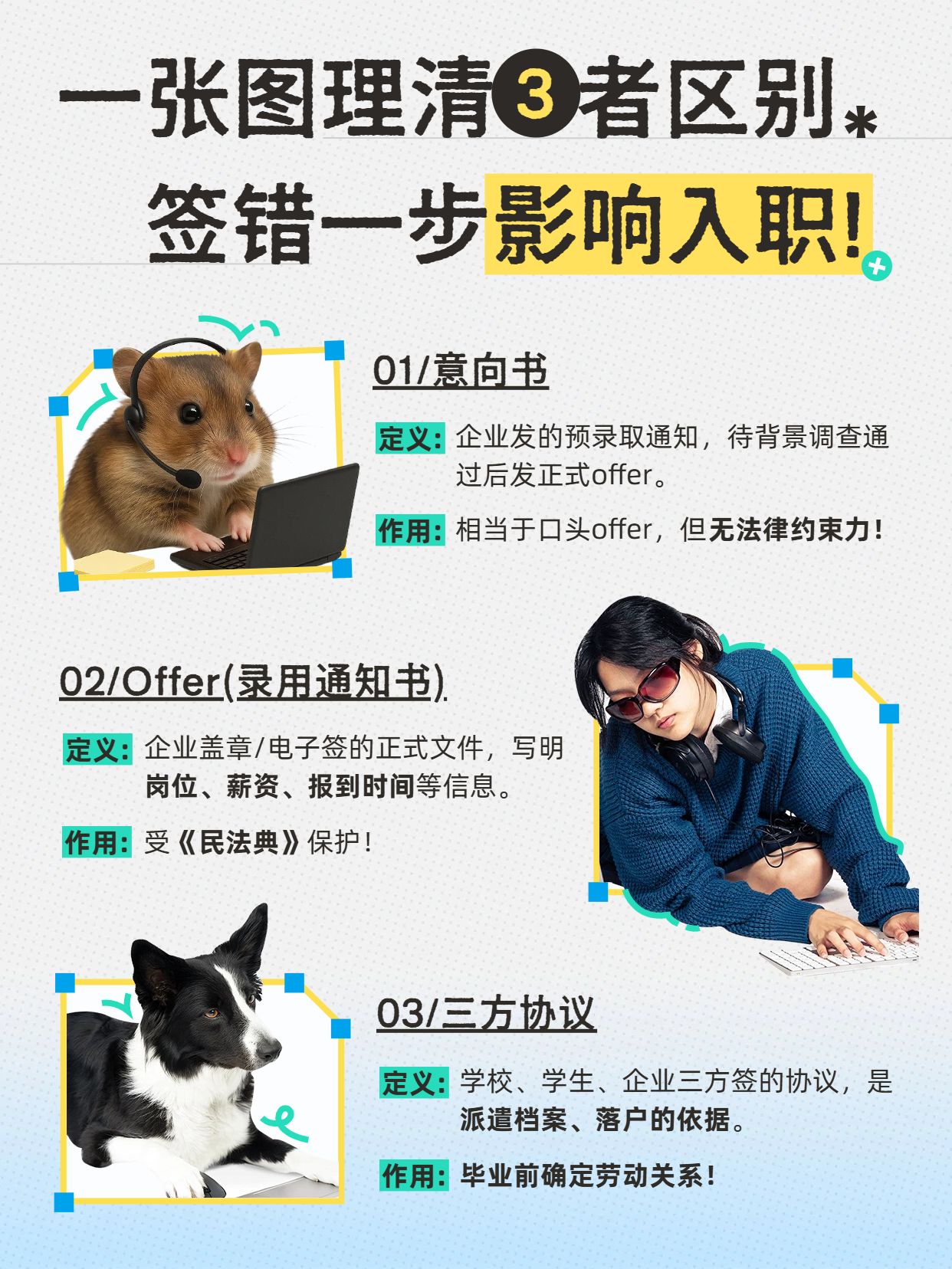 拼贴蓝色通用干货意向书、offer、三方协议详解小红书内页