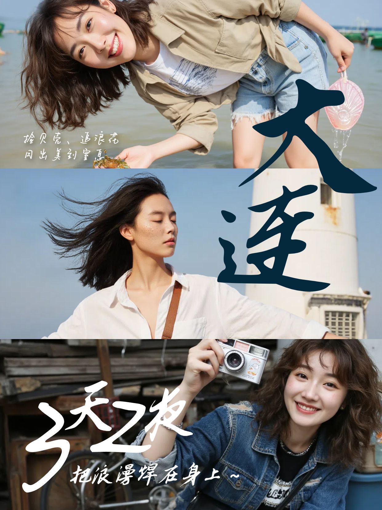 实景风蓝黑色旅游出行类大连旅行记录小红书竖版视频封面