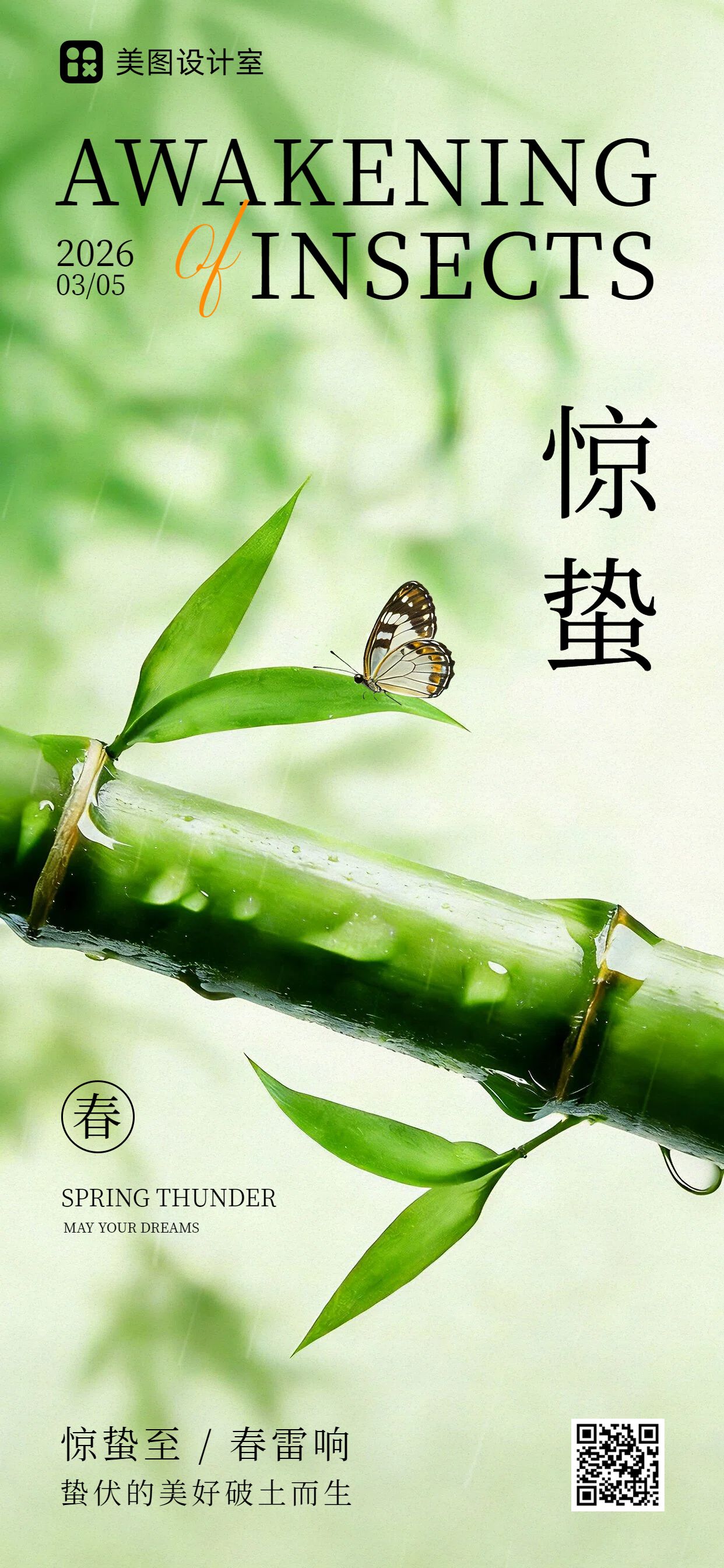 清新风绿色通用类惊蛰祝福问候手机全屏海报