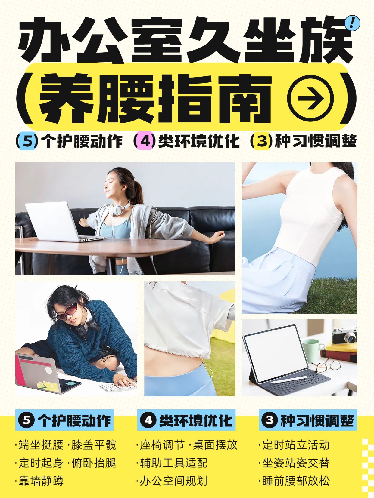 时尚风黄色通用类交流分享办公室久坐族养腰指南小红书封面