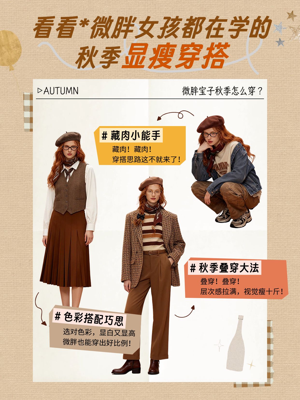 时尚拼贴风黄棕色微胖女孩秋季显瘦穿搭小红书封面