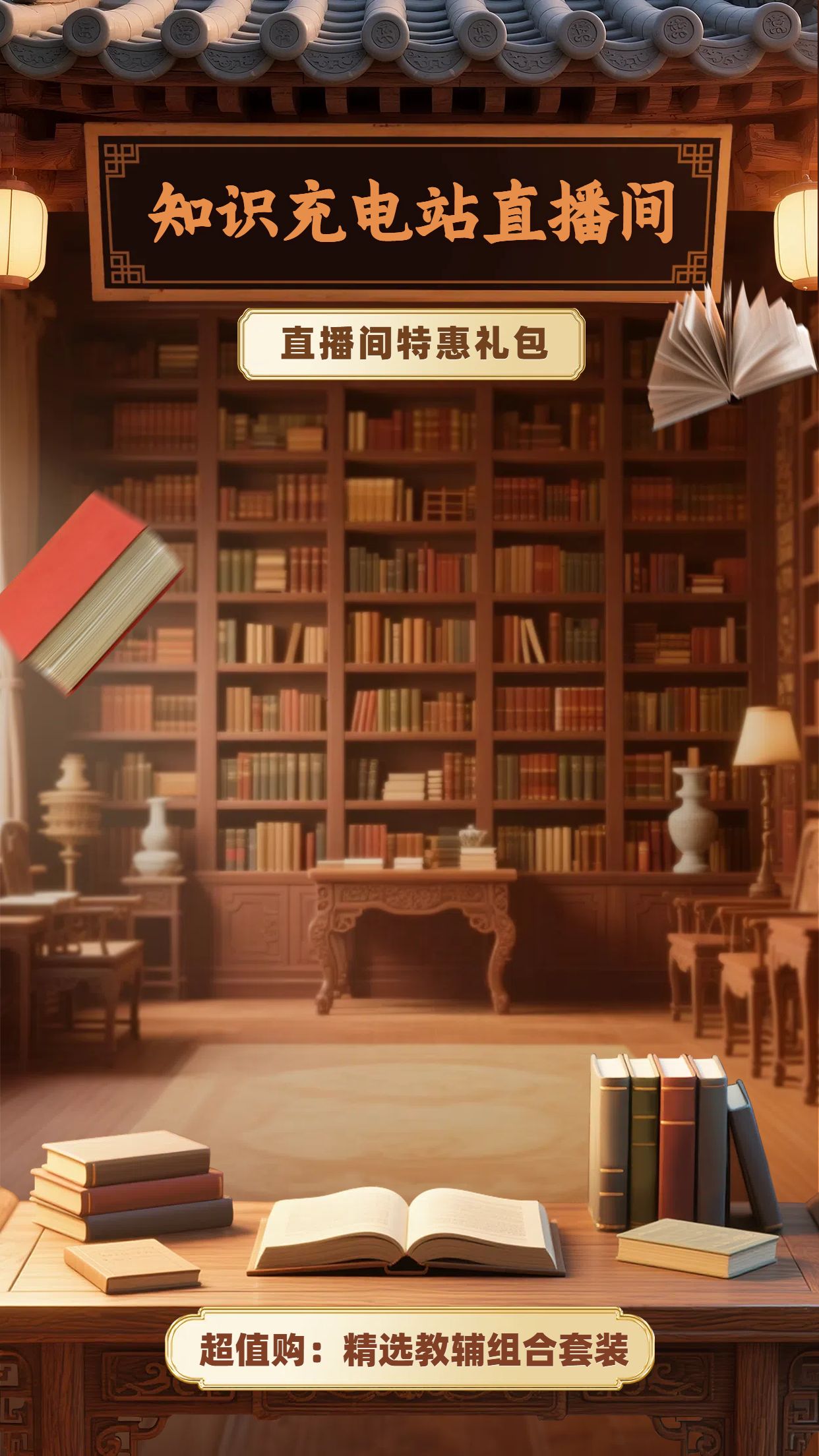 中国风棕色教育培训类营销带货教辅类电商直播间背景