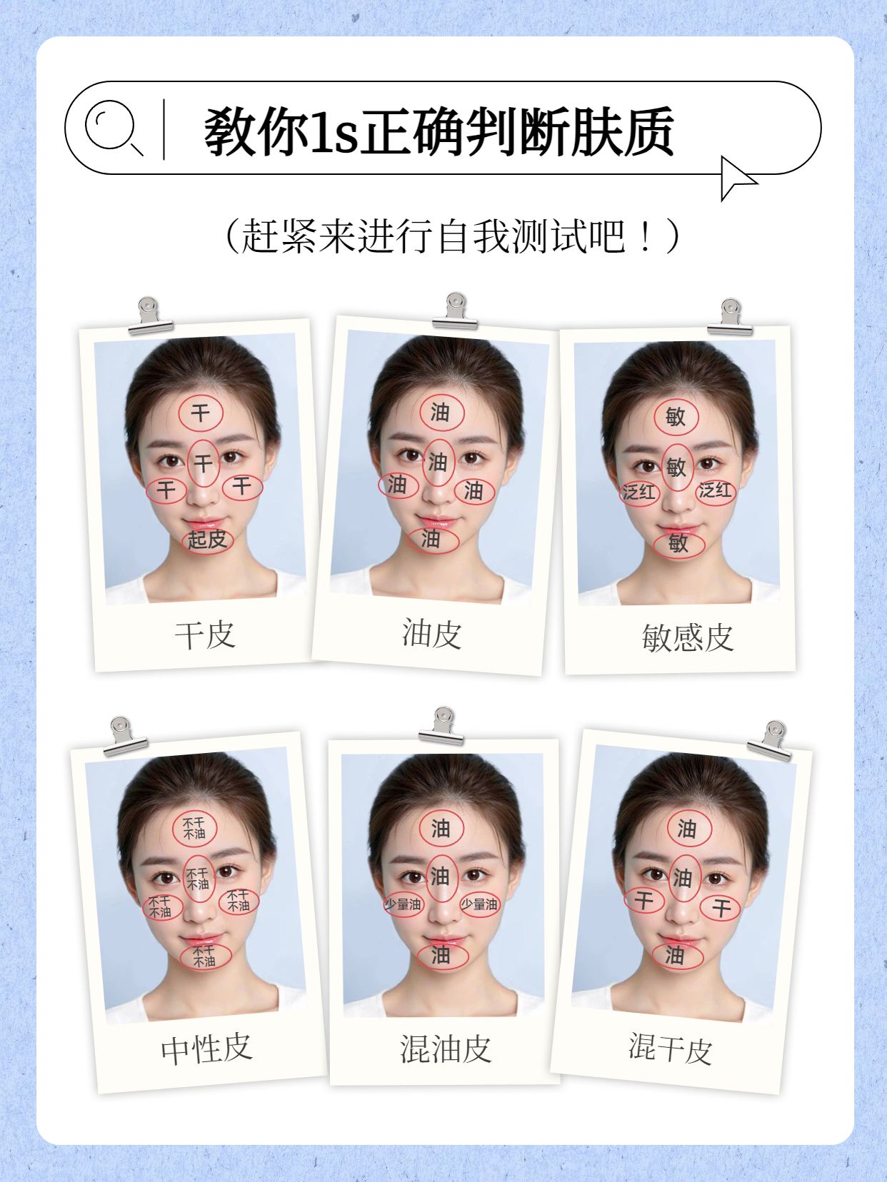 简约风蓝色通用类交流分享1s判断肤质小红书封面