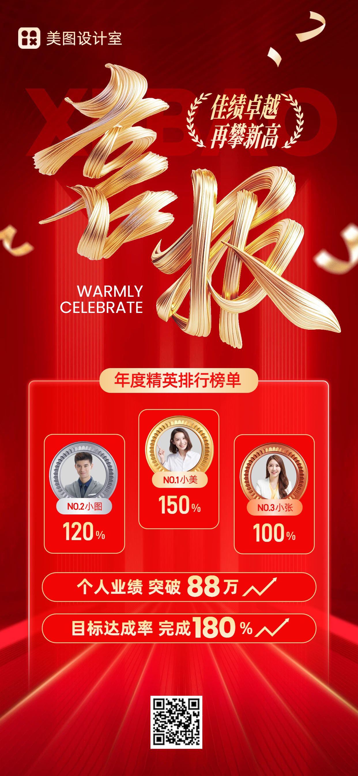喜庆风红色通用类年会喜报表彰手机全屏海报
