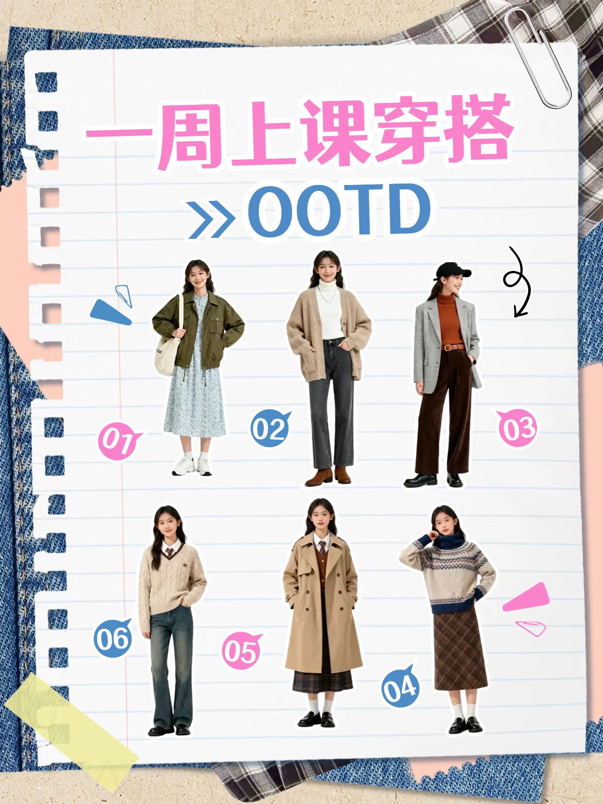 时尚风粉色蓝色鞋服箱包交流分享女大学生一周上课穿搭小红书封面