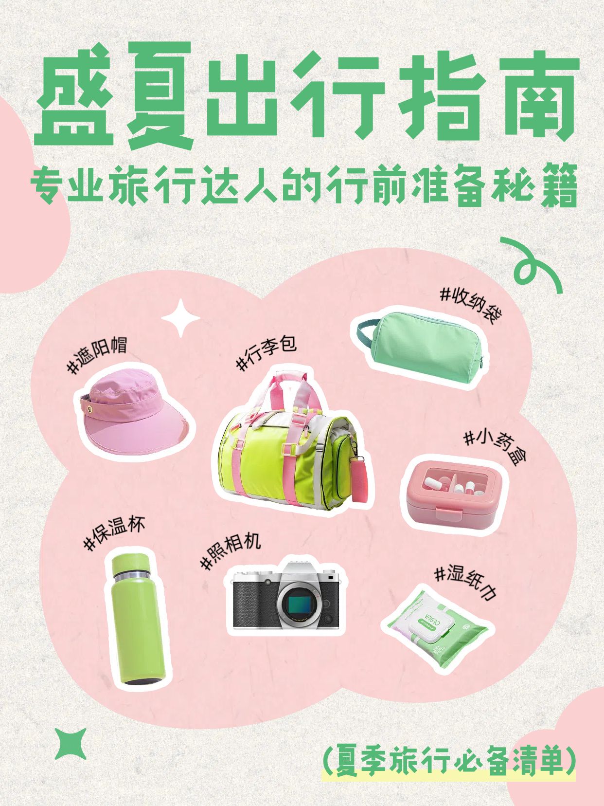 拼贴风黄粉色通用类交流分享夏季旅行必备用品分享小红书封面