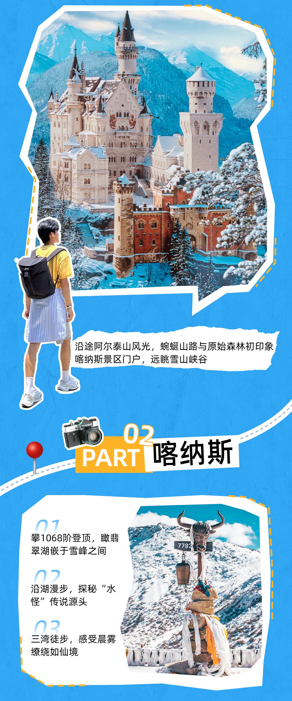 拼贴风蓝色旅游出行类交流分享旅游出行推荐公众号内页海报