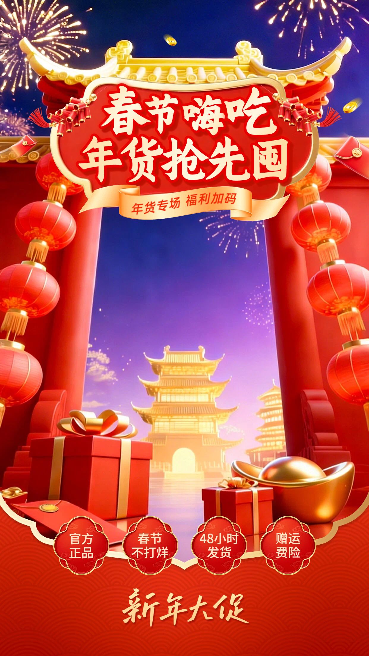 时尚风红色通用类营销带货春节直播间背景