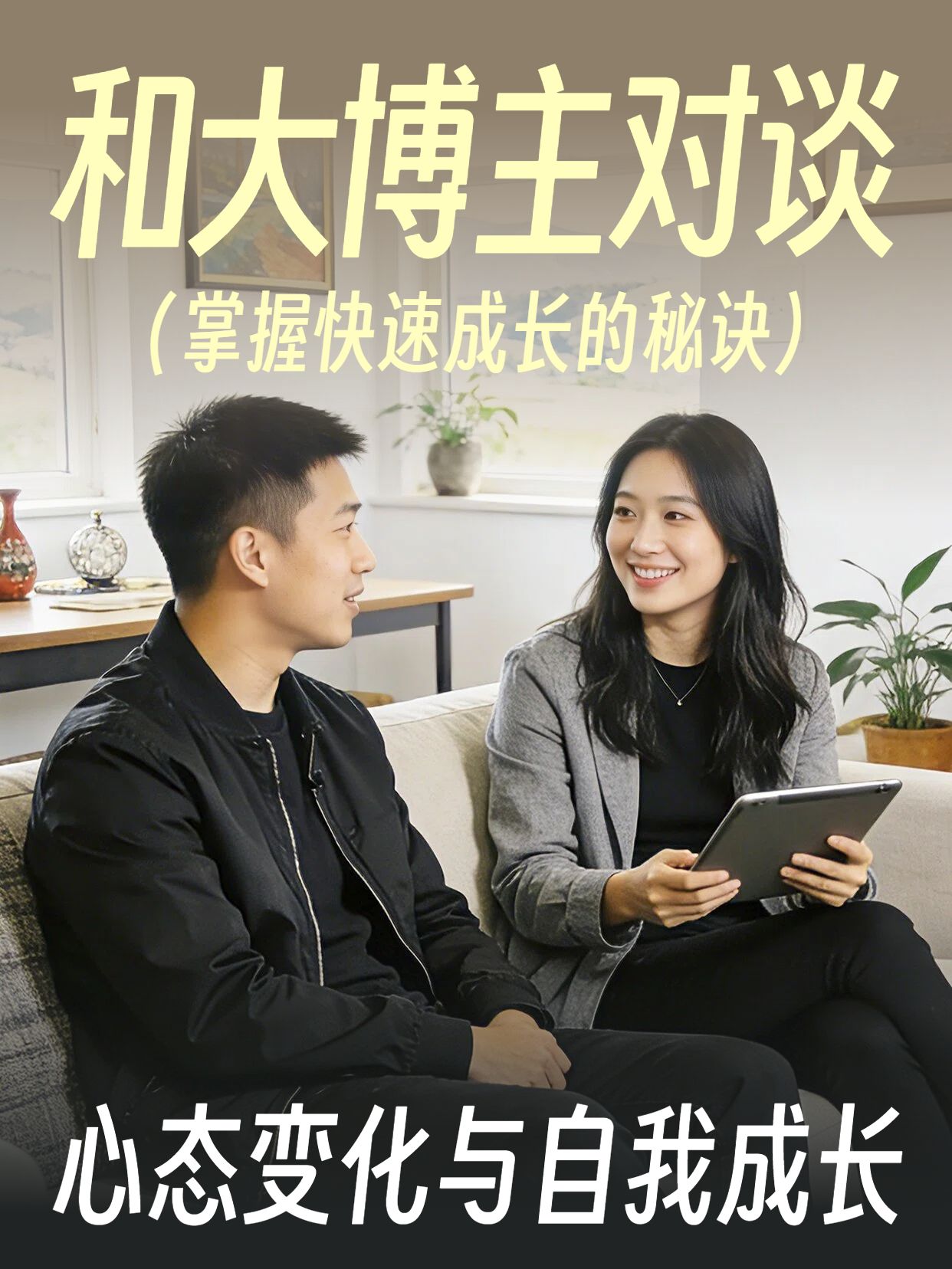 简约风黄白色通用类交流分享和大博主的对谈小红书封面