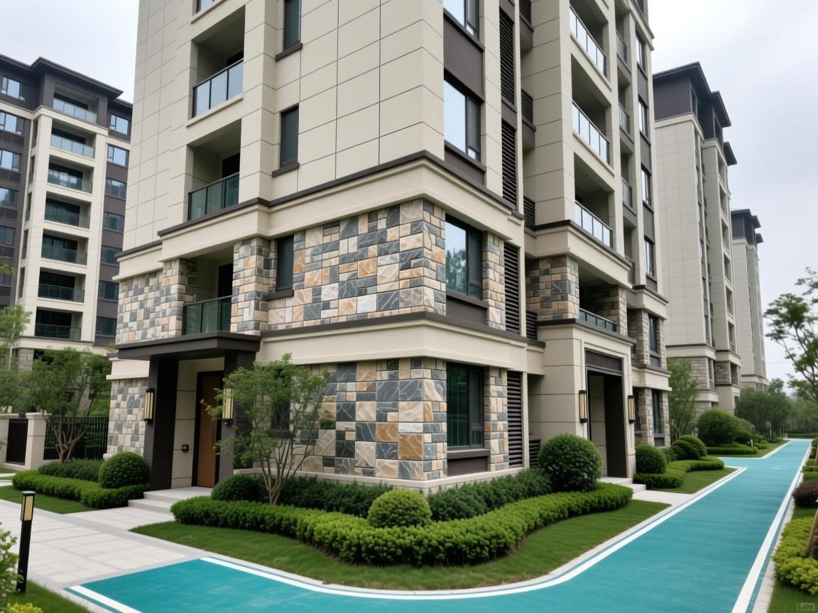 Contemporary building exterior with water-color composite panels and precision-installed decorative elements