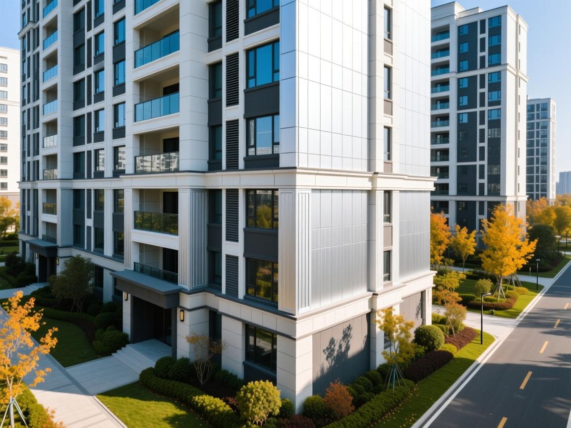 Brushed aluminum facade on commercial building with decorative elements