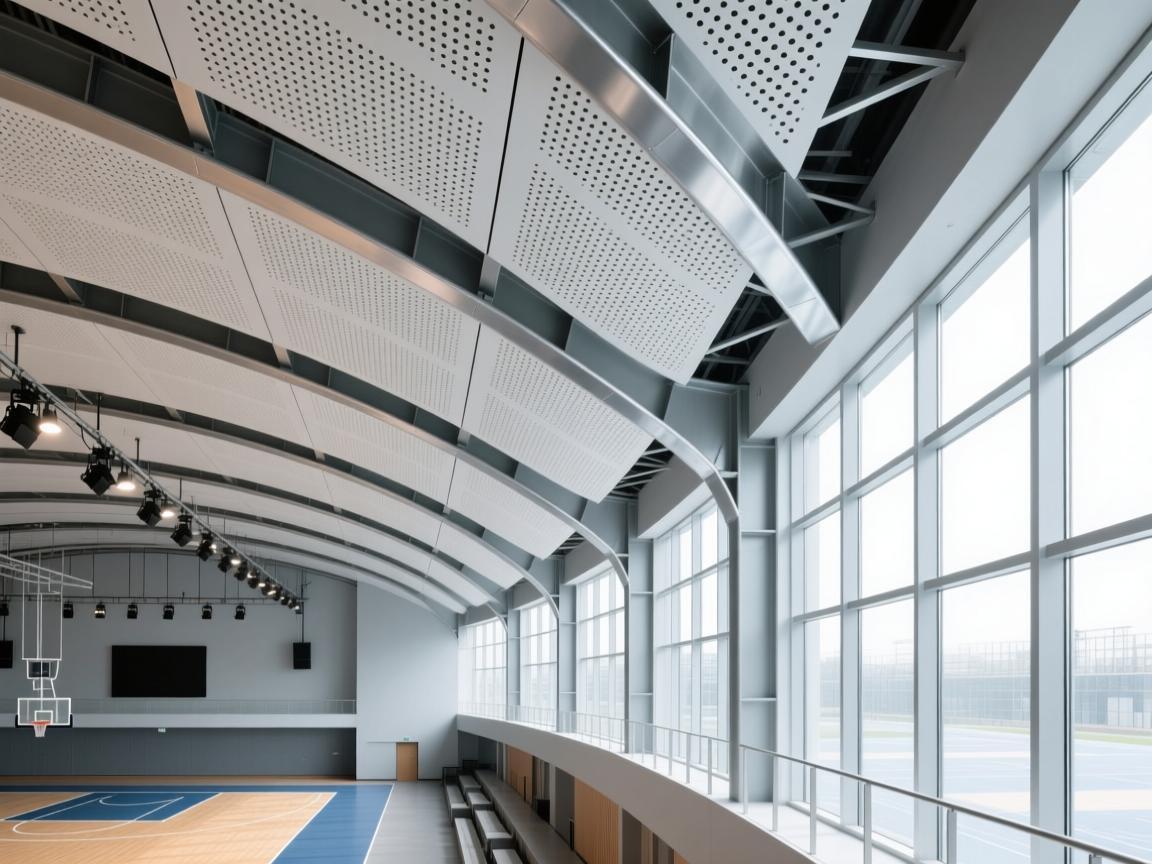 Micro-perforated sound-absorbing aluminum ceiling system in educational facility interior