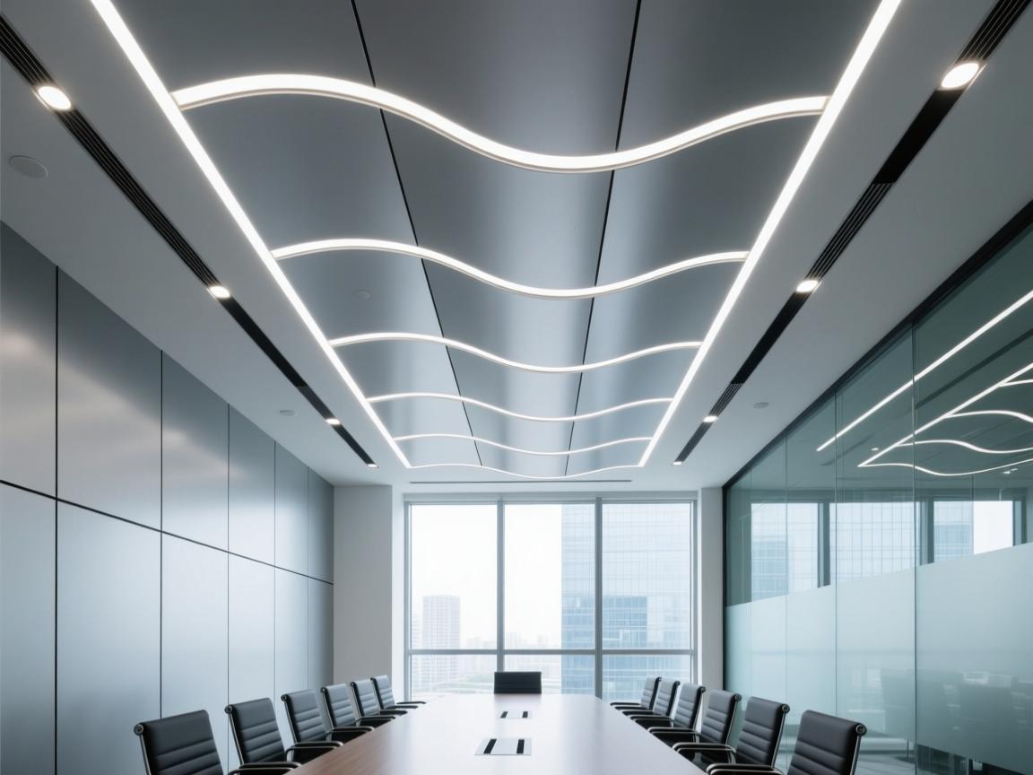 Brushed aluminum composite ceiling in commercial lobby