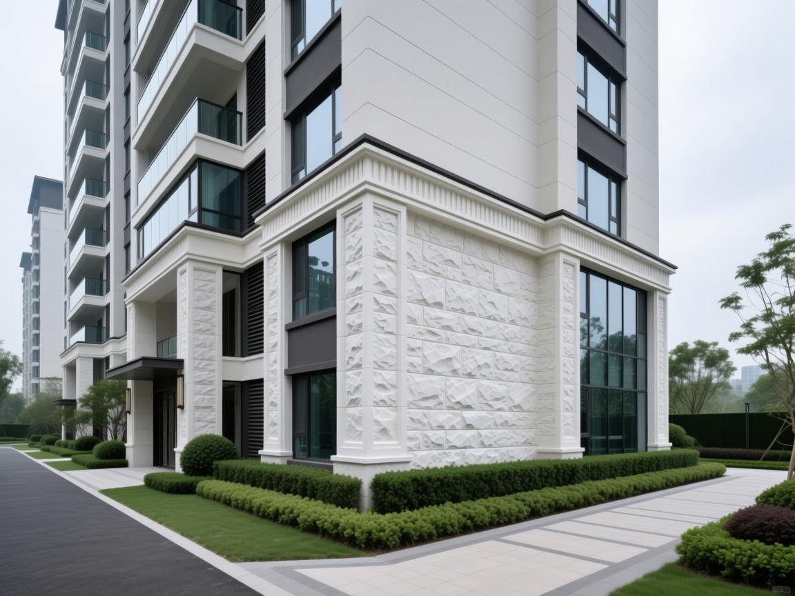 Beige GRC panels with fluorocarbon coating on commercial building exterior