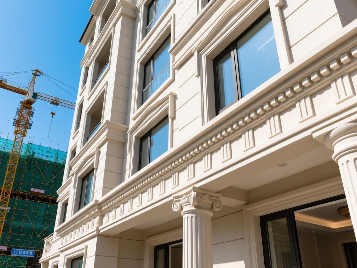 EPS foam cornice on commercial complex with glass curtain wall, CNC-cut window surrounds, GRC balustrades, overcast sky, construction context, fireproof and weather-resistant material characteristics highlighted