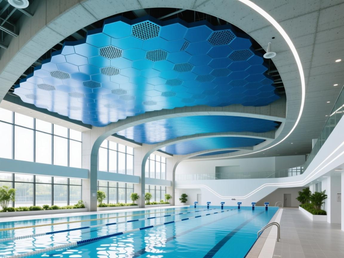 Metallic hexagonal acoustic wall panels in modern subway station with ambient lighting reflection