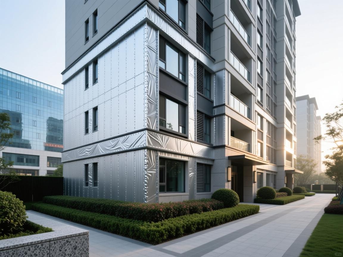 Pearl white aluminum insulated panels with EPS trims on commercial building at dusk