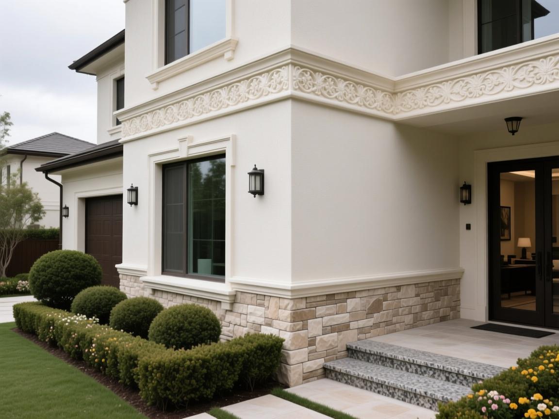 Custom foam ceramic architectural elements on modern villa exterior