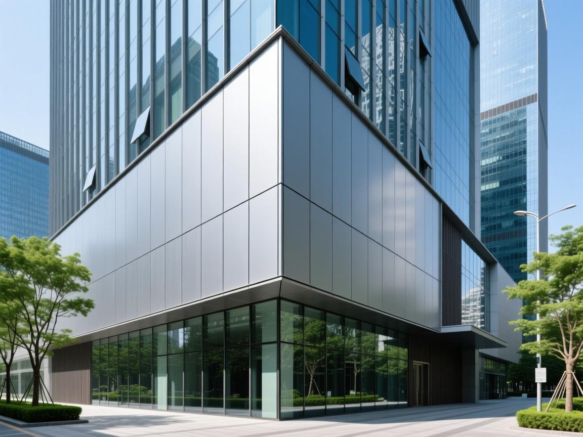 Architectural aluminum cladding system on contemporary office tower exterior