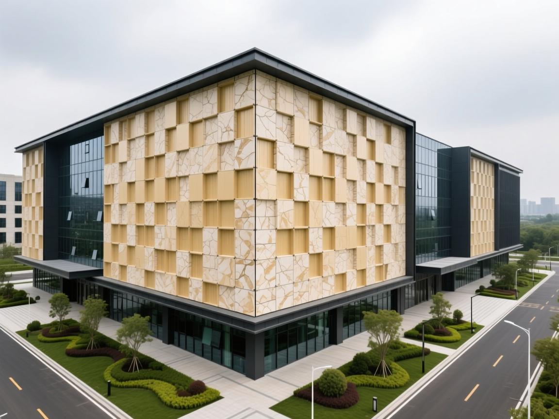 Stone-faced aluminum composite panels on modern office exterior