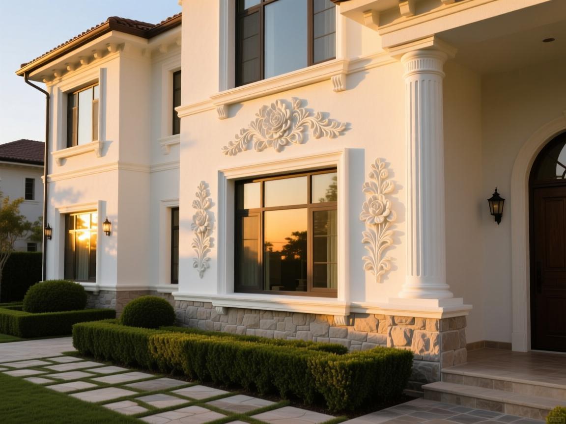 Contemporary foam ceramic geometric patterns on building facade with night illumination and minimalist surroundings