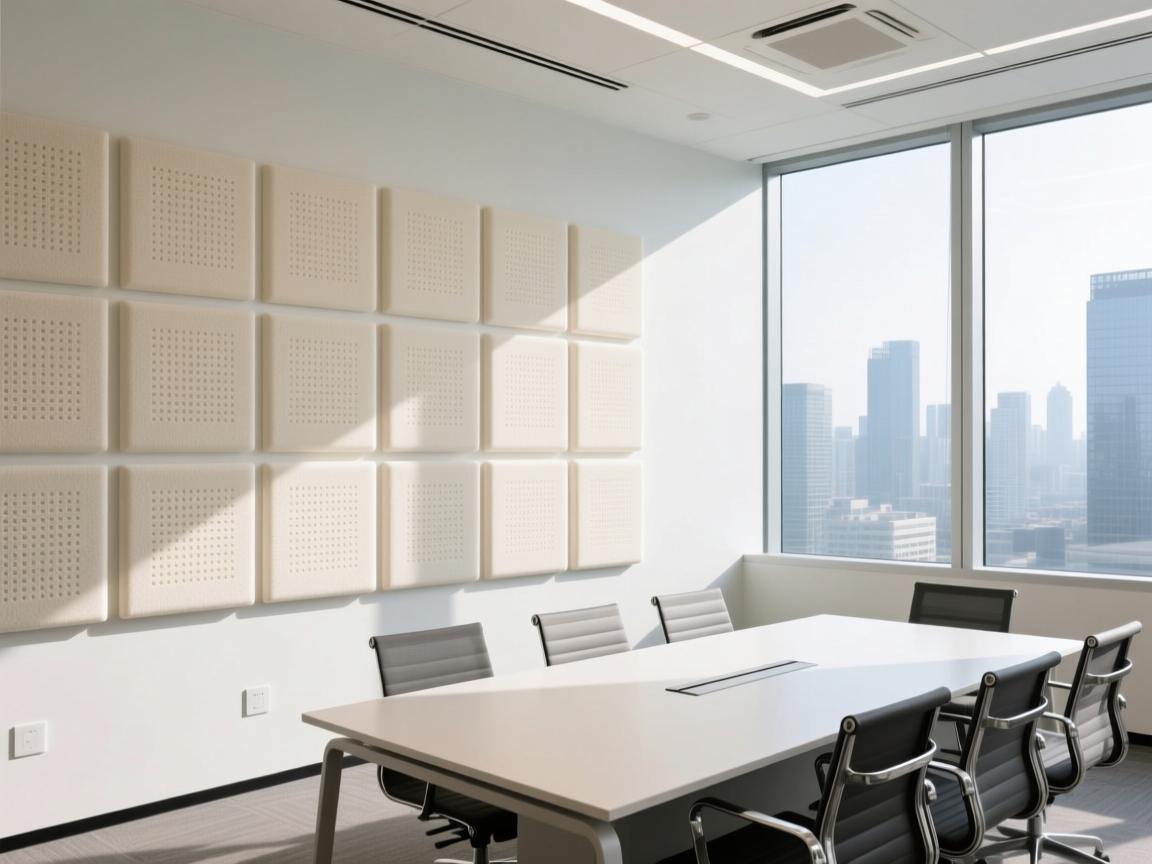 Acoustic panel installation in cultural venue with elegant lighting and seating