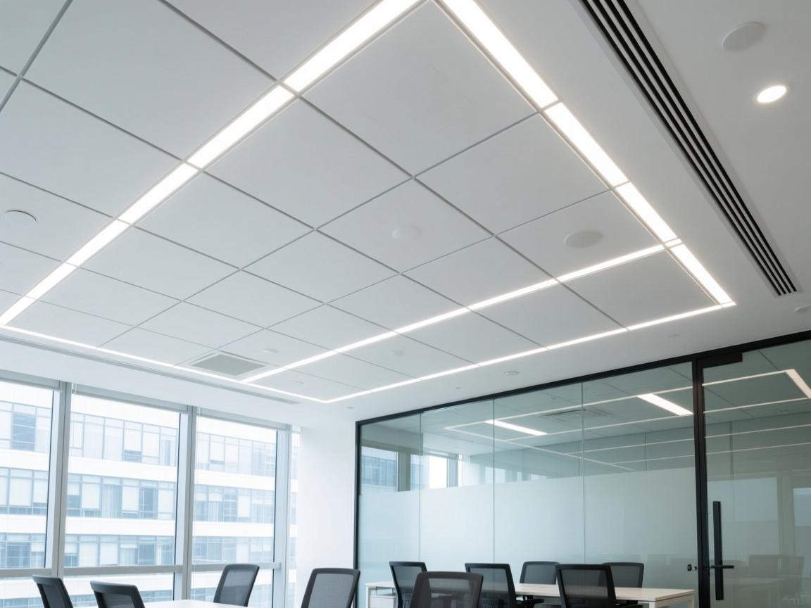 Office ceiling with integrated lighting and matte finish panels