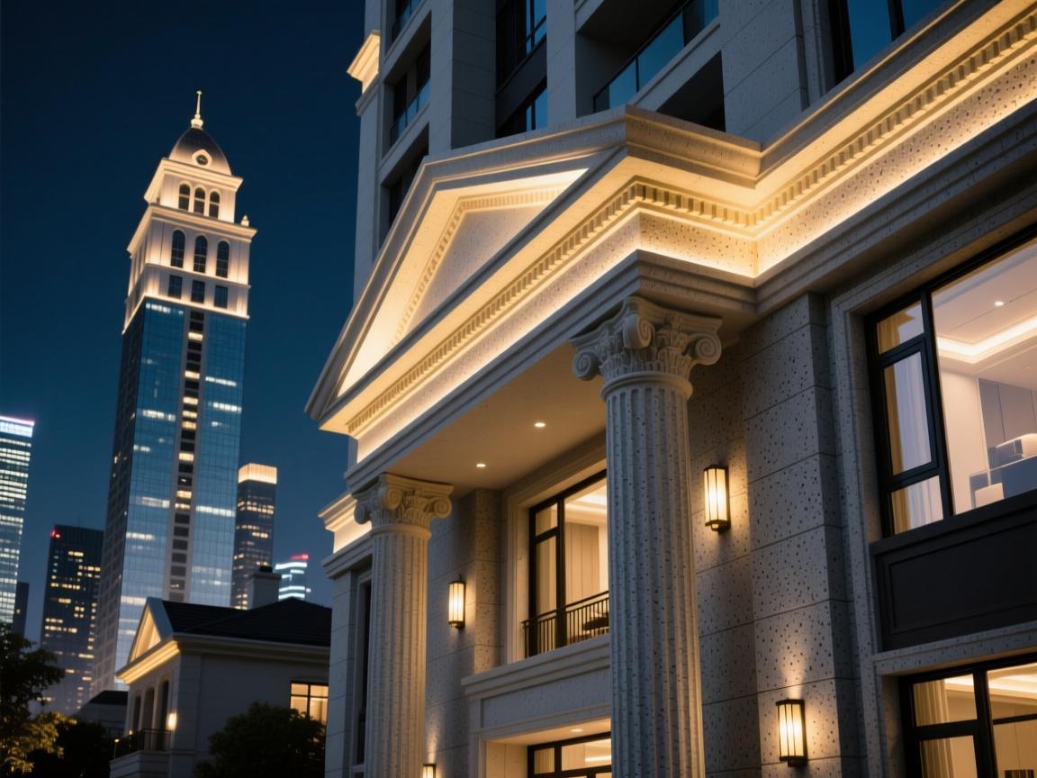 grc浮雕:在城市与工匠之间的冷峻美学 Urban towers with GRC ornaments and EPS architectural lines in nocturnal setting