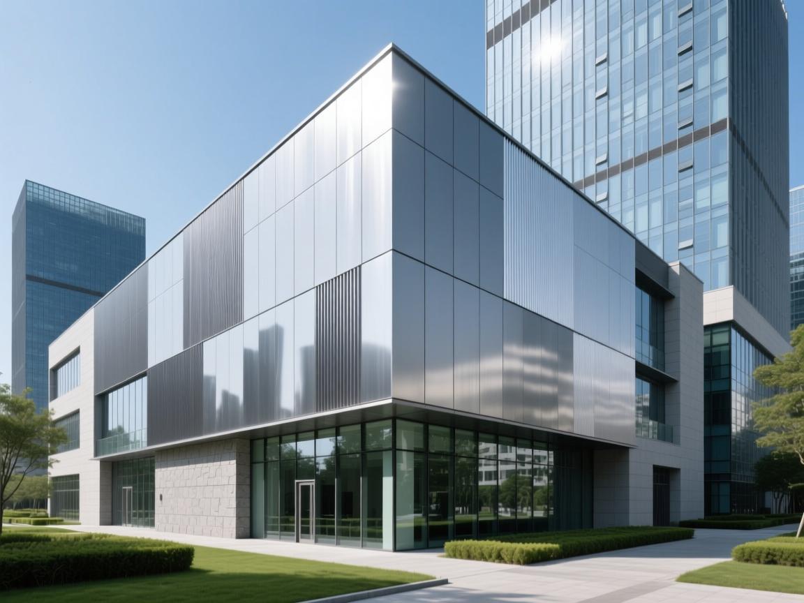 Brushed aluminum composite panels integrated with GRC elements on high-rise facade