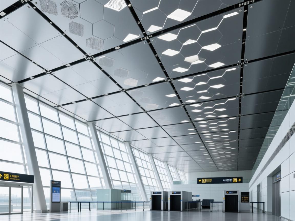Anodized aluminum honeycomb ceiling panels with acoustic perforation in transportation hub