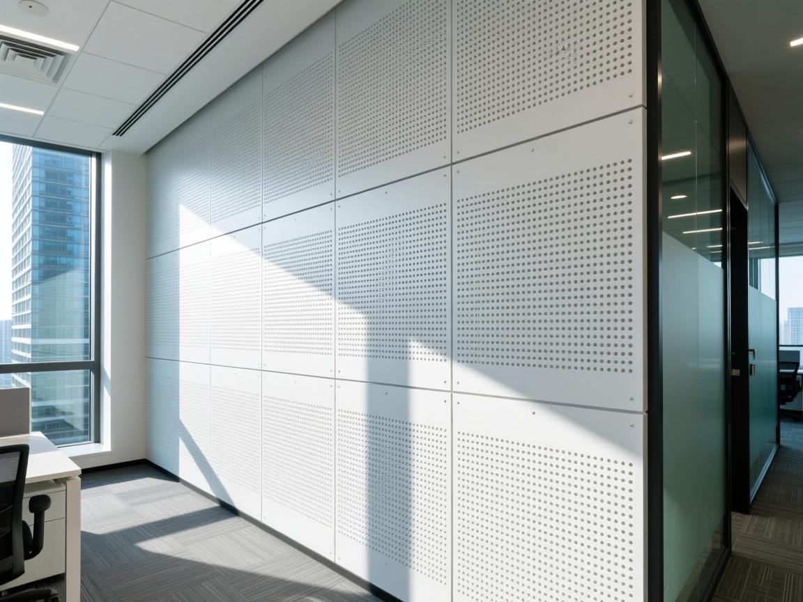 Office wall with acoustic aluminum panels
