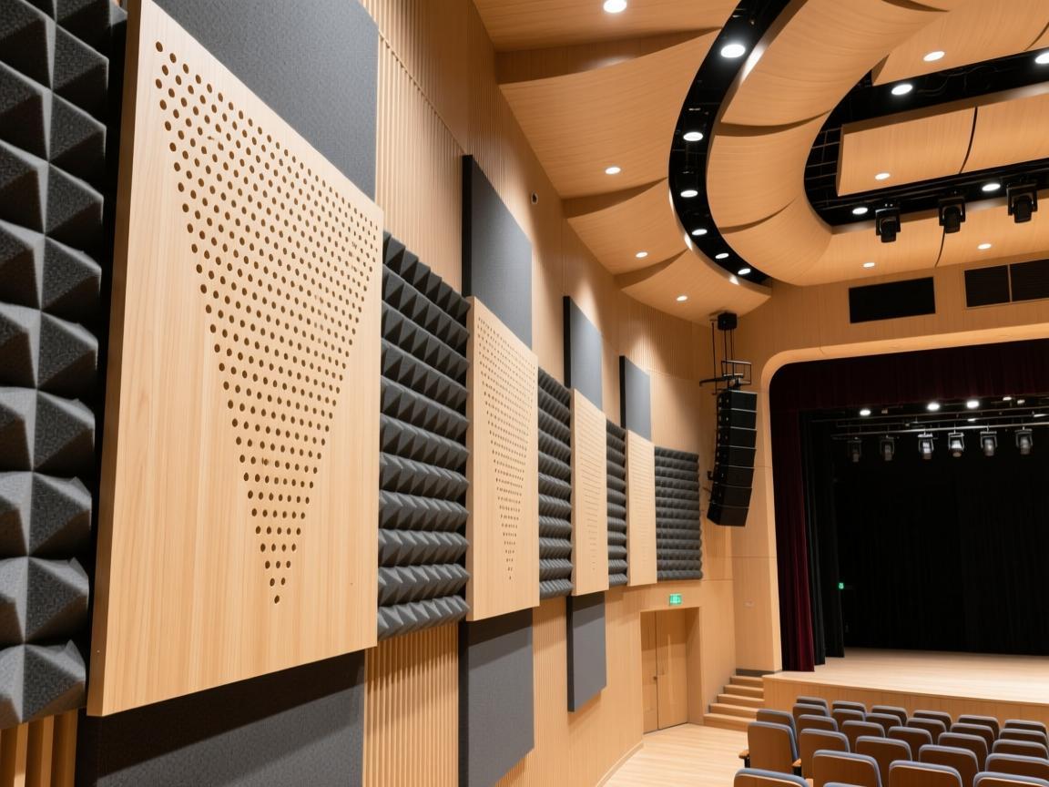 University lecture hall with micro-perforated wood acoustic wall panels installation