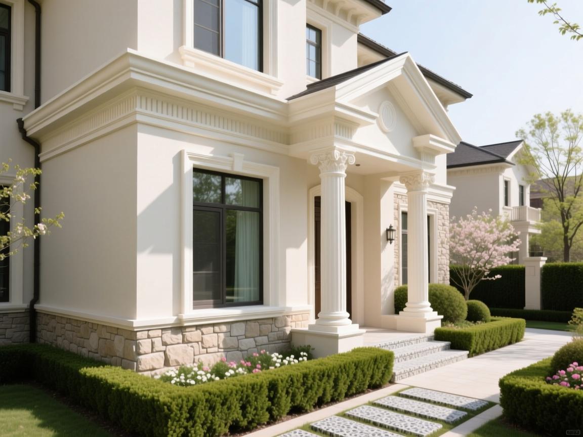 High-definition rendering of hotel facade with seamless EPS moldings and stone-textured finish