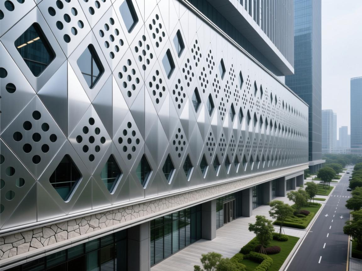 穿孔铝板如纱:城与室的光影之歌 Hexagonal-patterned aluminum cladding on residential tower with EPS trim details