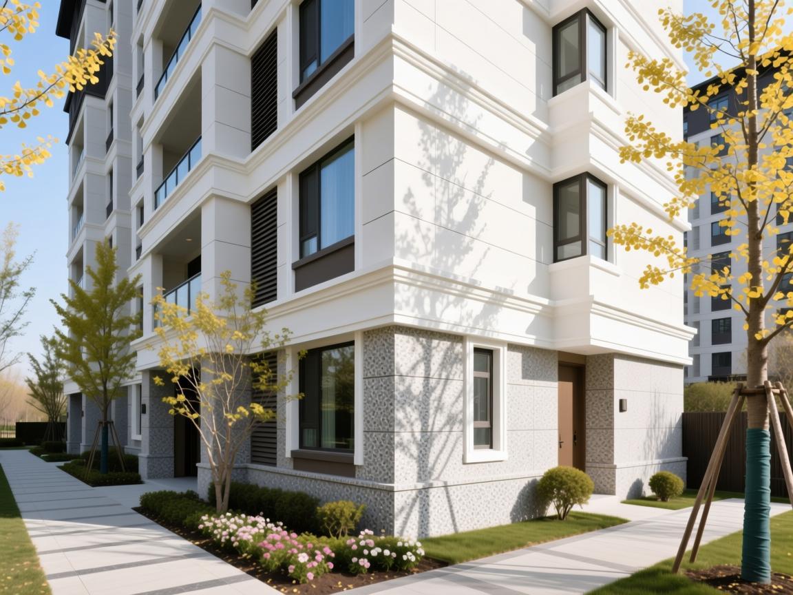 Beige EPS architectural elements on villa exterior with frost-resistant finish in winter setting