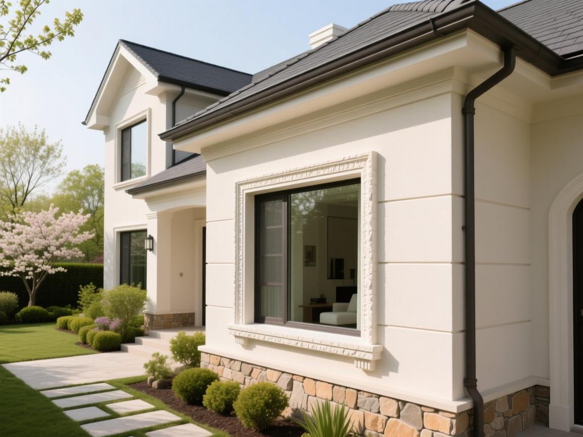 Close-up detail of ceramic window trim installation on luxury villa exterior