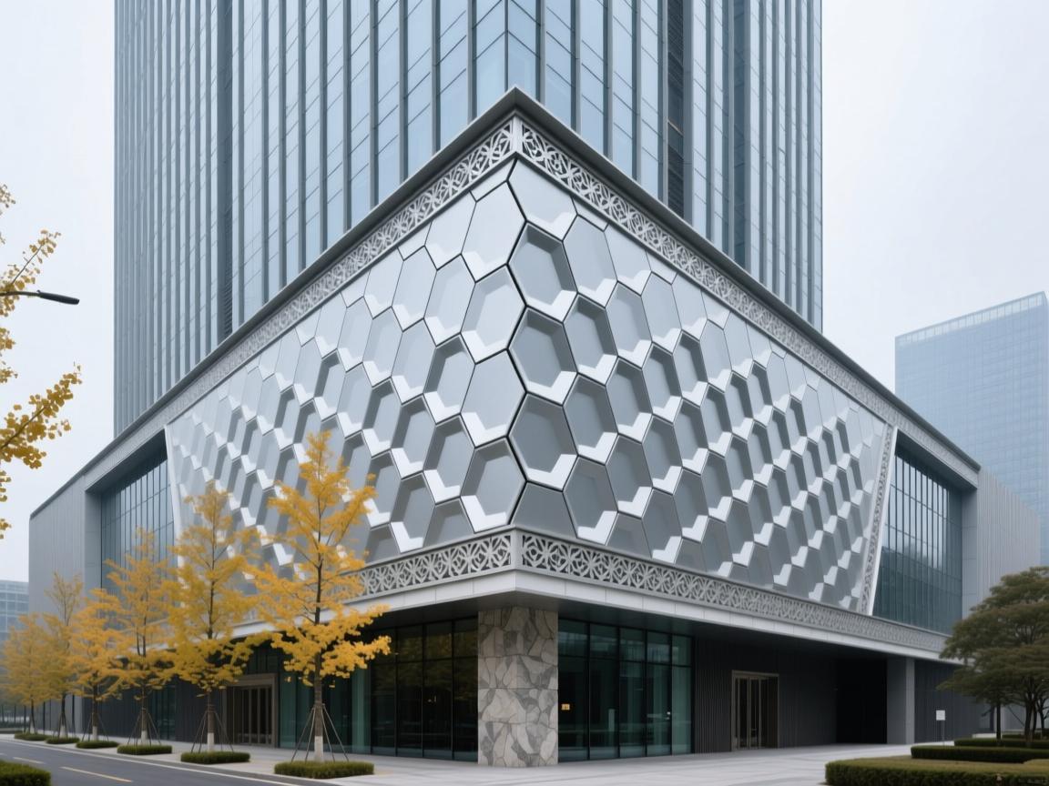 Brushed metal hexagonal ceiling panels in industrial airport terminal
