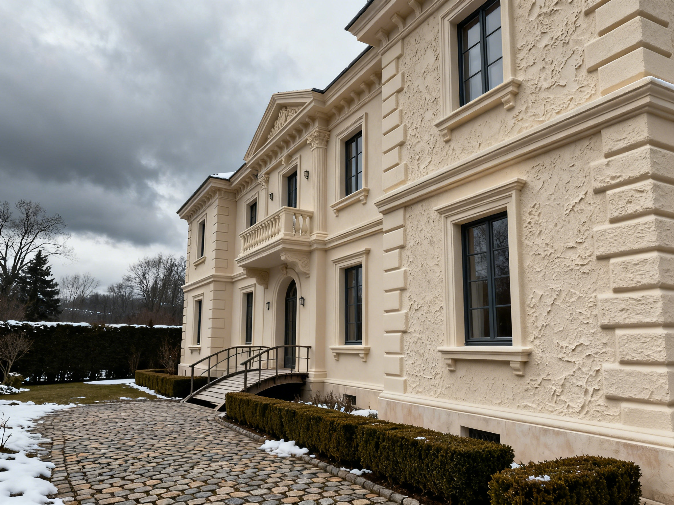 Commercial building exterior featuring EPS cornices and GRC railings in daylight