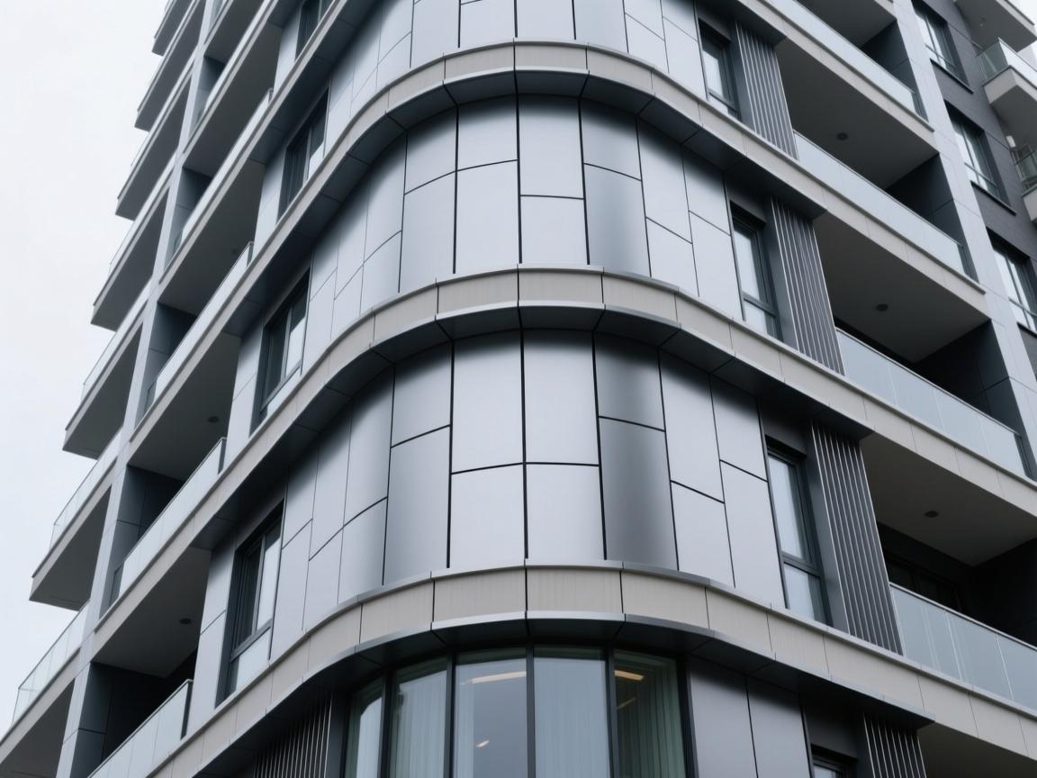 Brushed aluminum composite ceiling panels with LED lighting in commercial atrium space
