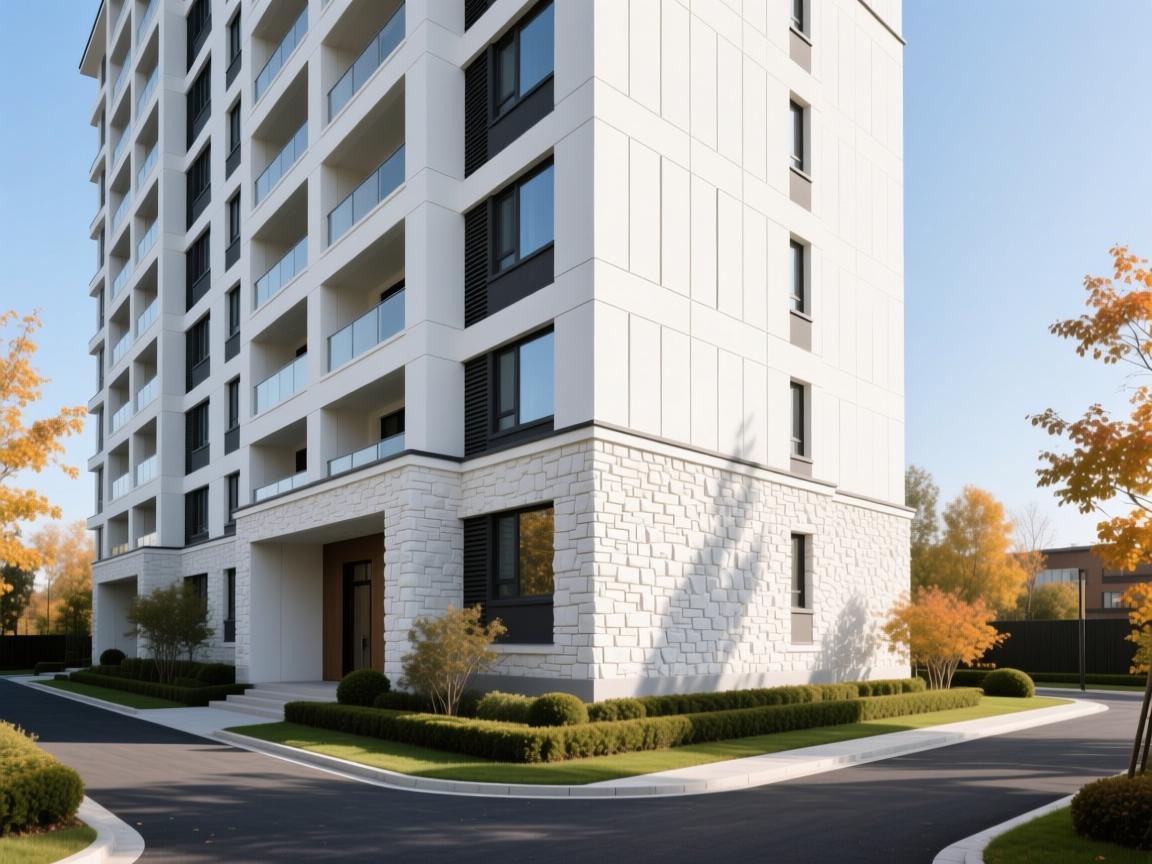 Anodized aluminum panels with GRC components on commercial building exterior