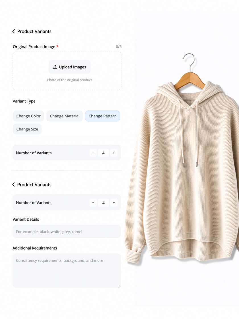 Original cream zip-up hoodie on a wooden hanger beside the pattern variant settings.