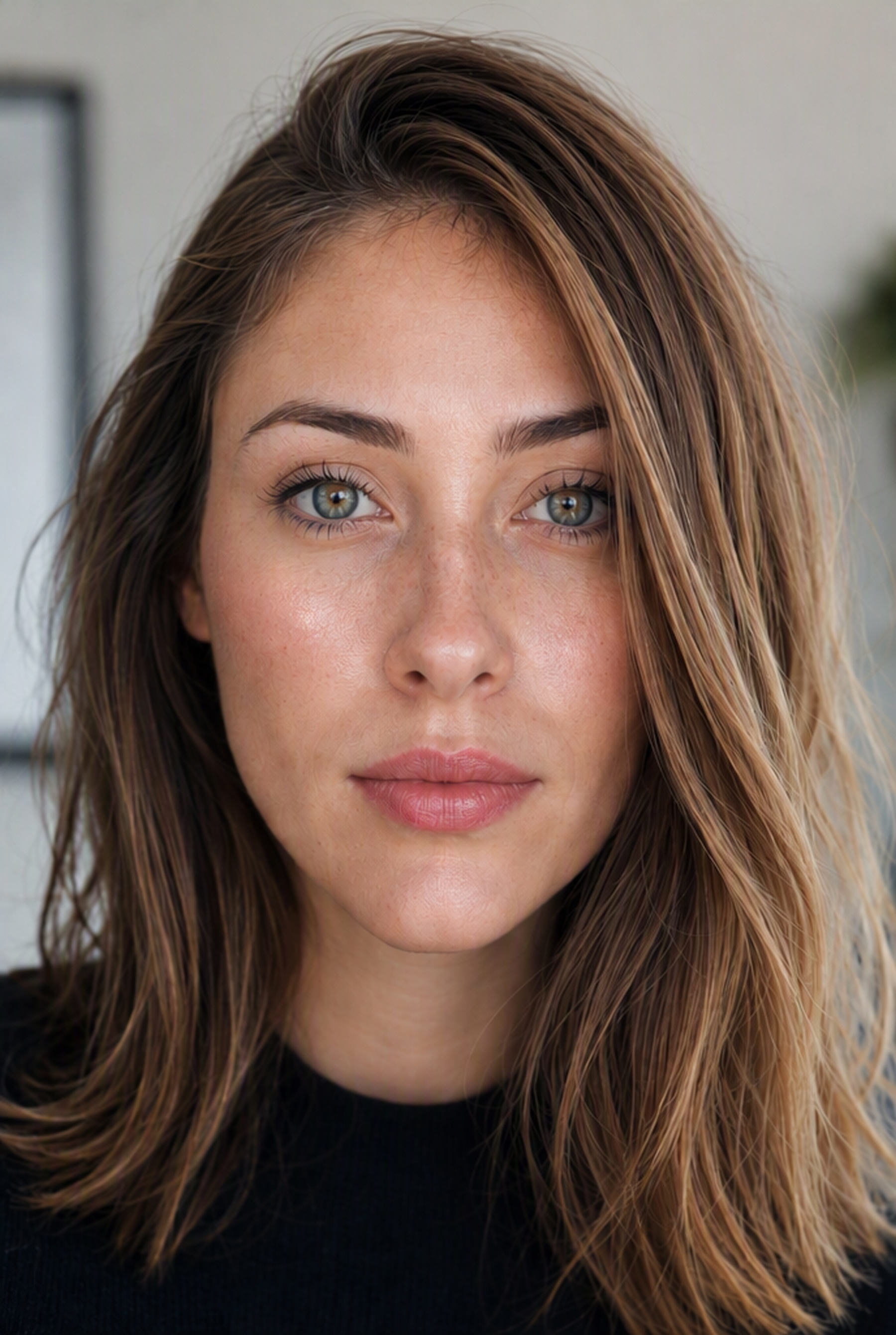 Adult woman with luminous makeup and rosy lips