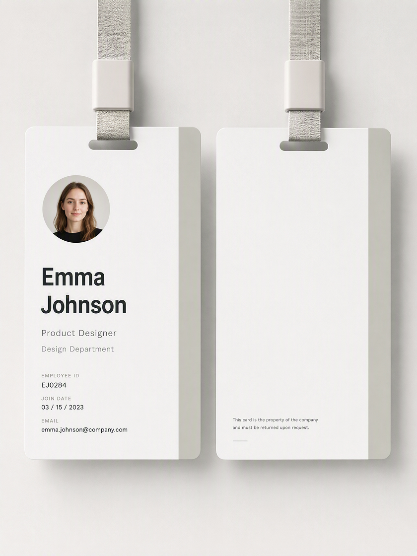 Employee ID card design with portrait area, name, job title, department, and organization details.