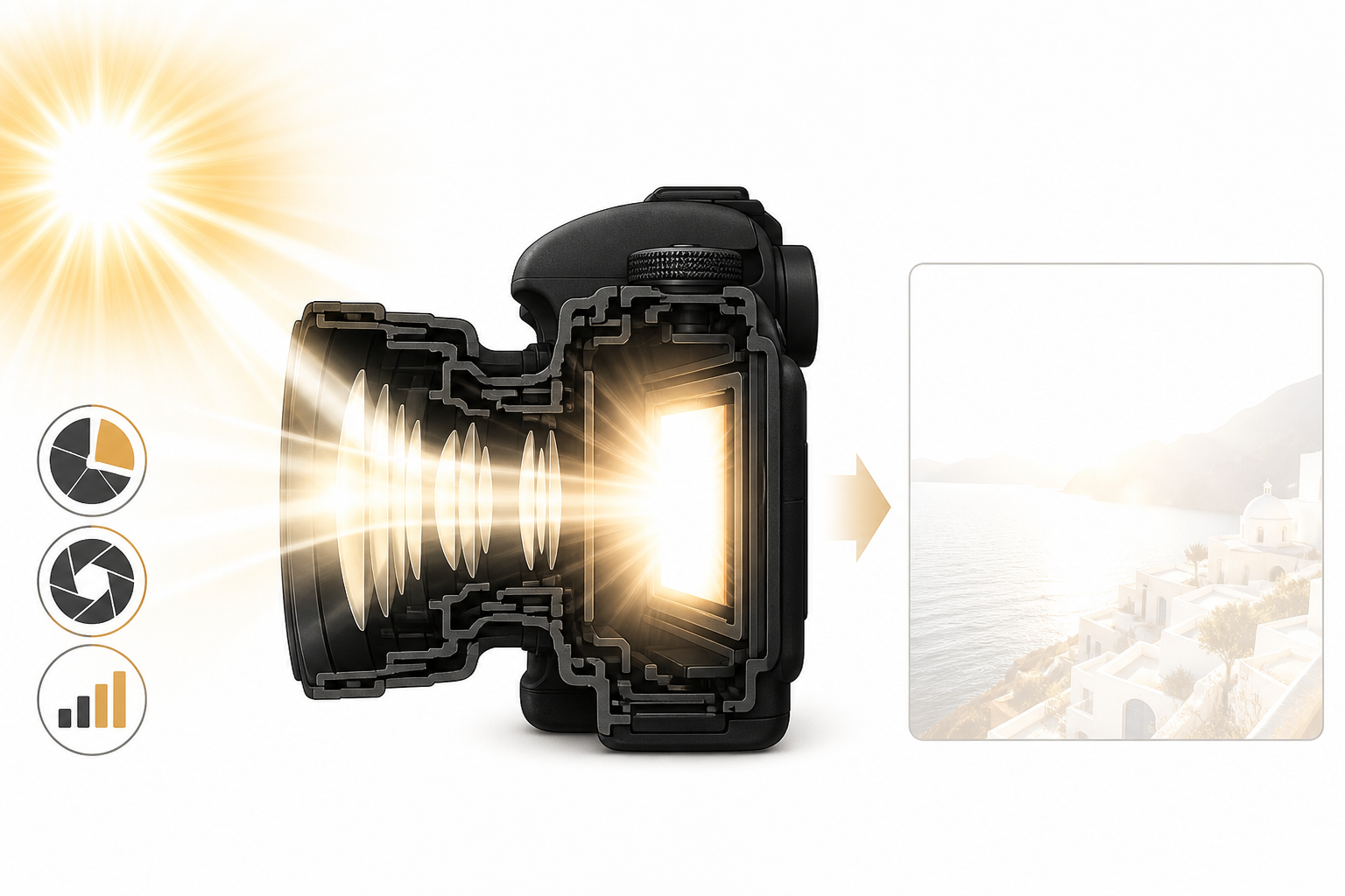 Diagram showing strong light flooding a camera sensor and producing an overexposed photo with washed-out highlights.