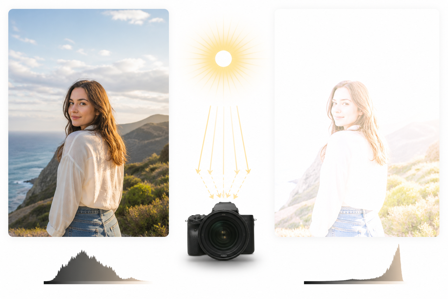 Side-by-side comparison of a correctly exposed photo and an overexposed image with blown-out highlights and lost detail.