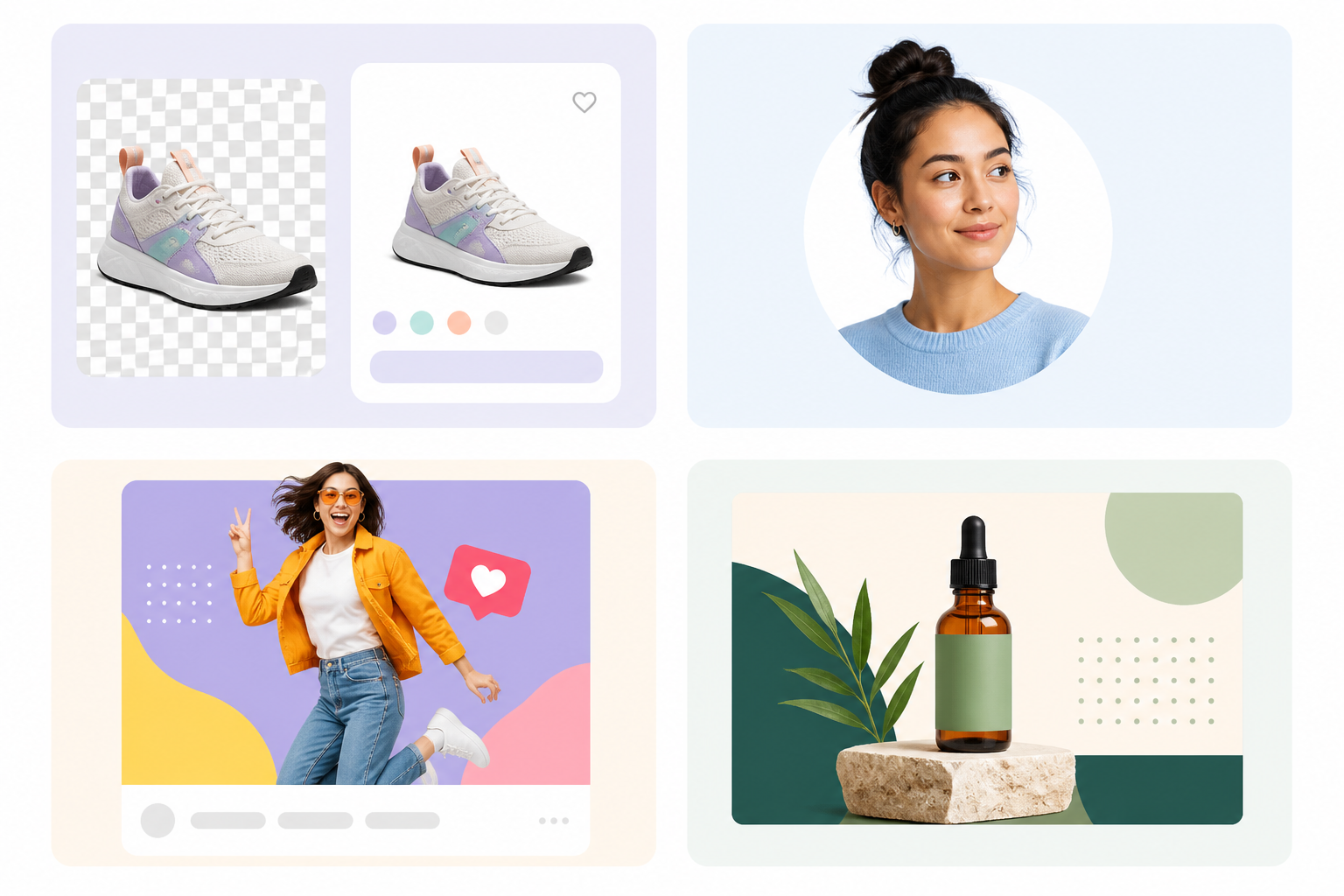 Four use cases for AI background removal: product cutouts, portrait profiles, social media graphics, and marketing layouts.