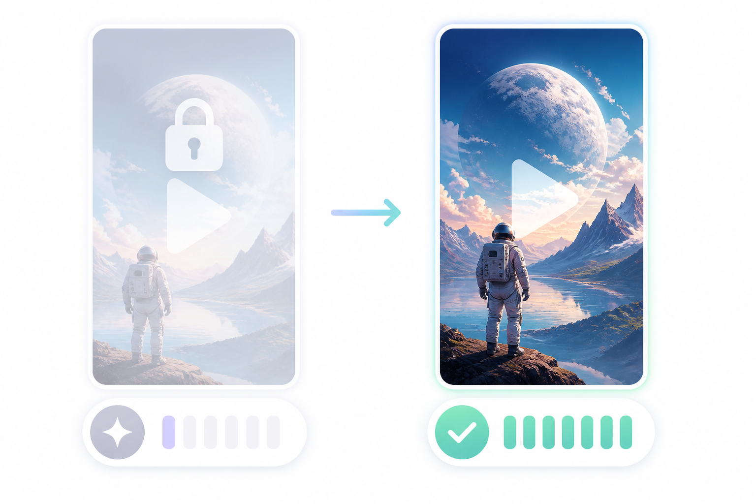 Comparison of limited free AI video credits with watermark versus unlocked paid generation with fuller credit allowance. Comparison of limited free AI video credits with watermark versus unlocked paid generation with fuller credit allowance.