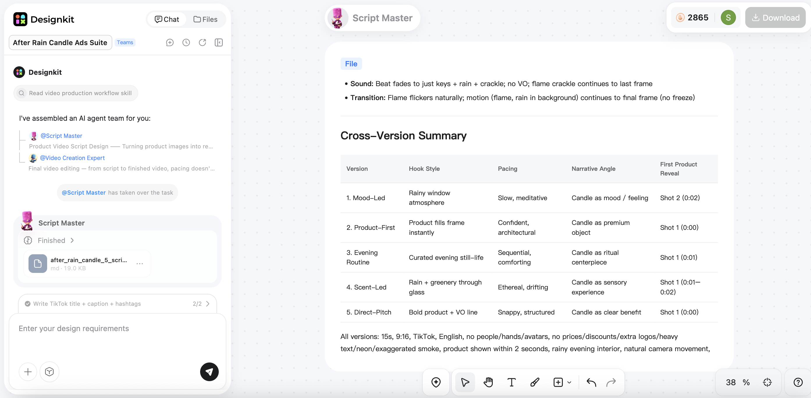 Script M aster output and cross-version summary]
