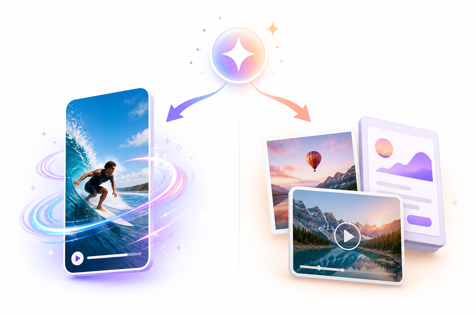 Two AI creation paths: focused short-form video experiments versus a broader content workflow with images, video, and marketing assets Two AI creation paths: focused short-form video experiments versus a broader content workflow with images, video, and marketing assets