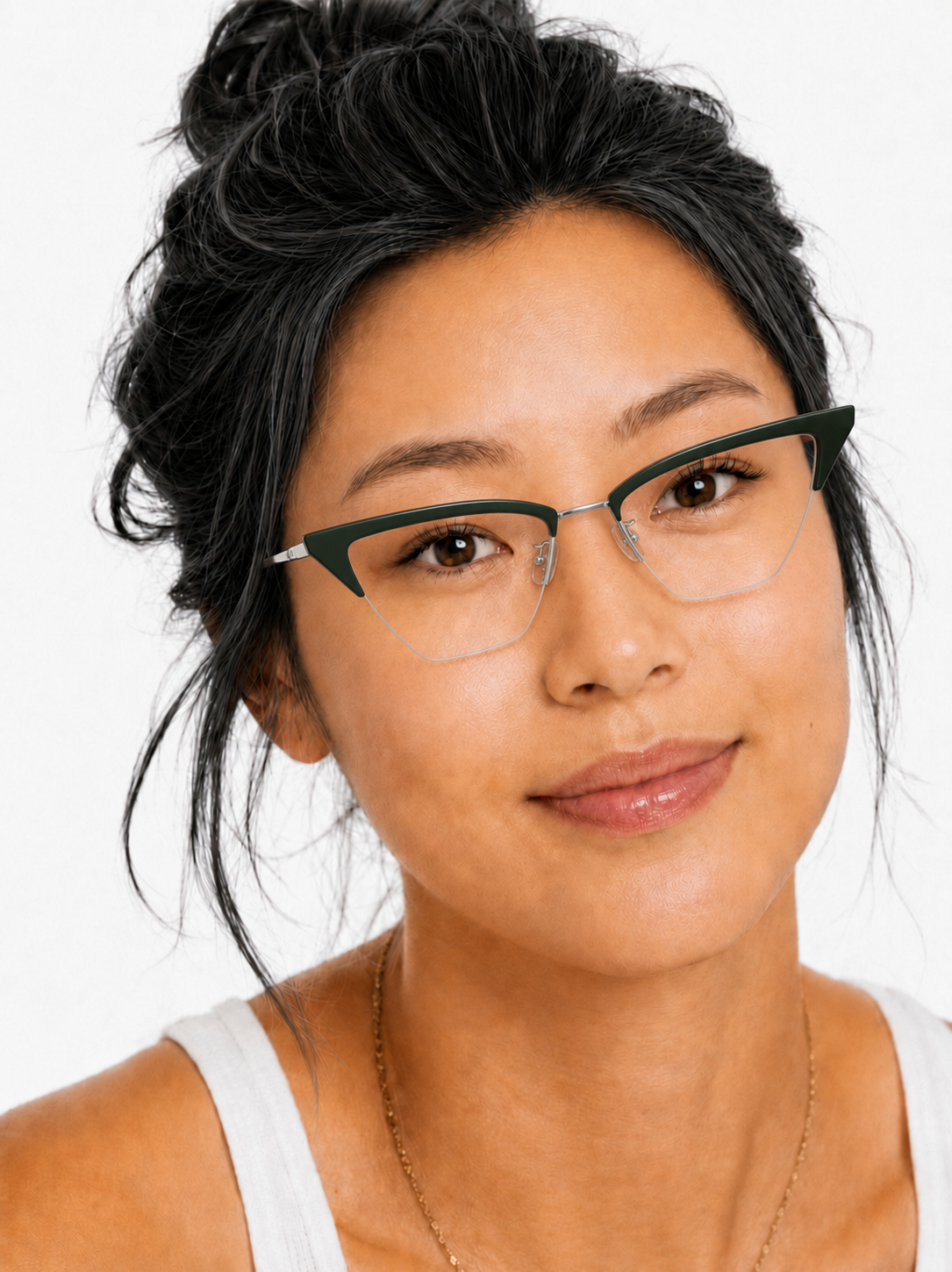 Model wearing cat-eye glasses in a virtual try-on
